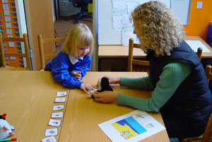 working with flashcards and the toys